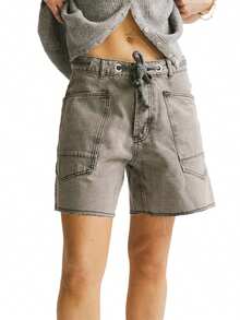 Drawstring Jean Shorts Womens Casual High Waisted Straight Leg Baggy Denim Shorts Summer Loose Fit Short Jeans Y2K - Màu Xám nhạt - Xem 2