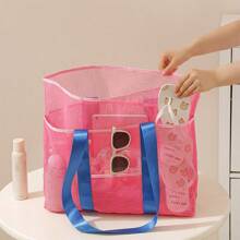 Breathable Mesh + Foldable Contrast Color Tote Bag, Outdoor Beach/Pool/Shopping/Gym Multifunctional Storage Bag (Reinforced Handle + Inner Pockets), Waterproof Portable Folding Bag For Clothes & Accessories