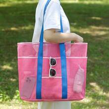 Breathable Mesh + Foldable Contrast Color Tote Bag, Outdoor Beach/Pool/Shopping/Gym Multifunctional Storage Bag (Reinforced Handle + Inner Pockets), Waterproof Portable Folding Bag For Clothes & Accessories