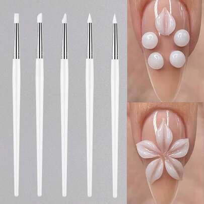 5pcs Nail Art Pen Set With Silicone Brush Heads, Suitable For Acrylic Flower Nail Carving, Embossing, Shaping, Hollow Sculpture, Dotting And Other Nail Art Tools