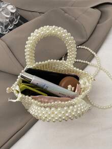 1pc Fashionable Elegant Pearl Knit Handbag With Shoulder Strap, Chic Design - A - View 9