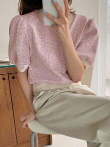 圆领短款泡泡袖雏菊印花针织上衣，适合夏季返校季女士穿着 - 紫色 - 查看 10