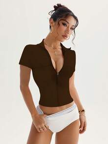 Versatile Performance - Yoga/Pilates/Running Multi-Functional Design,Body-Shaping Silhouette,Clean-Cut Design Transitions From Studio To Street,#AthleisureEssential #YouthfulElegance #AllDayActive,Summer Yoga Top,Slim-Fit Exercise Jacket,Slim-Fit Yoga & Pilates Top With Flattering Waist Definition,Spring/Summer Stretch Running Jacket - Brown - View 5