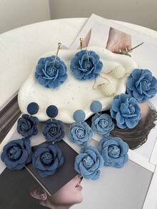1件优雅复古奢华蓝色布艺花朵耳环,时尚珠宝,女士礼物,适合情人节、约会、宴会、通勤、派对、生日、节日等场合(由于拍摄时的光线和角度,实际产品颜色可能与图片略有不同) - 耳環 - 查看 6