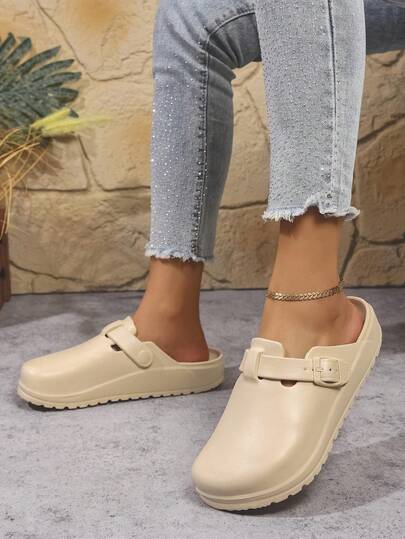 夏季厚底花园木屐 - 独特的女士露趾沙滩凉鞋，轻便，时尚新款纯卡其色平底木屐，休闲镂空设计花园鞋，舒适