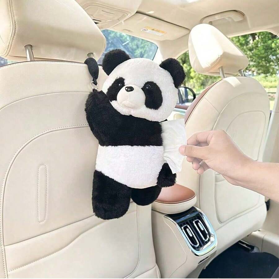 1 件创意可爱熊猫毛绒汽车纸巾袋，通用悬挂式卡通汽车内饰配件