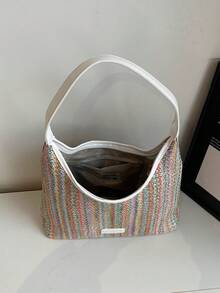 1 pezzo Borsa a spalla casual intrecciata, design colorblock, borsa tote di grande capacità, borsa hobo perfetta per l'uso quotidiano, lo shopping, i viaggi e le vacanze delle donne/ragazze/studenti - Beige - Visualizzare 6
