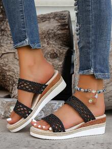 波西米亚风格编织女士坡跟凉鞋，仿亚麻绳编织，轻质镂空露趾凉鞋