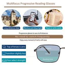 渐进多焦点老花镜，光致变色，时尚金属矩形镜框，金属弹簧铰链，男女通用