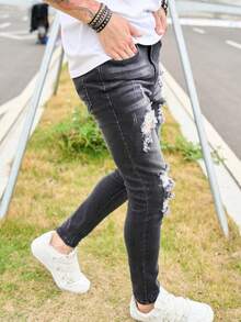Jeans skinny délavés et déchirés pour hommes, pantalon casual slim ajusté coréen de mode de rue haute gris et noir lavé et élastique - Noir - Voir 5