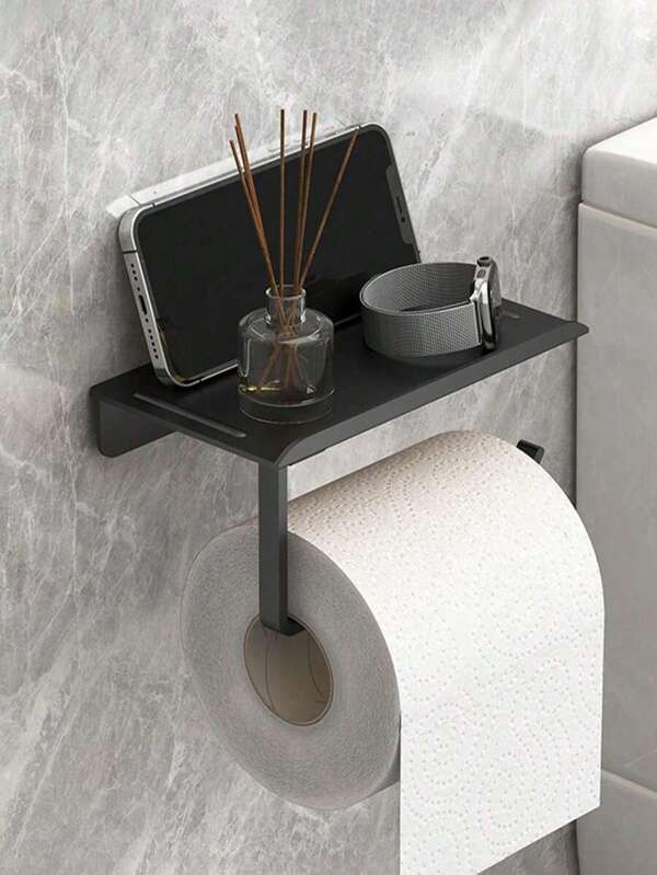 1 pieza Estante de plástico para almacenamiento de papel higiénico, estante de plástico para baño de montaje en pared, soporte de papel higiénico autoadhesivo sin taladro, perchero para rollos de papel higiénico, estante de almacenamiento de doble uso, soporte para teléfono, estante de almacenamiento de artículos de tocador, fácil de instalar, soporte de papel higiénico de montaje en pared sin taladro Volver a la escuela