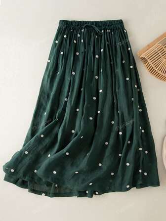 Women's Pleated Flared Skirt, Vintage Style With Elastic Waist, Plus Size, Faux Linen Material, Long Skirt With Lining, Summer