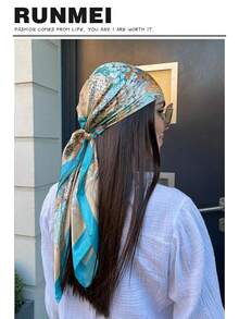 1pc Simple Printed Satin Square Scarf, New Spring Fashion Bandana For Women, Can Be Used As Belt,Bag Decoration,Ribbon,Headband Or Headscarf Bandana,Hair Band,Head Band Ideal For Dressing Up Your Look - Lake Blue - View 2