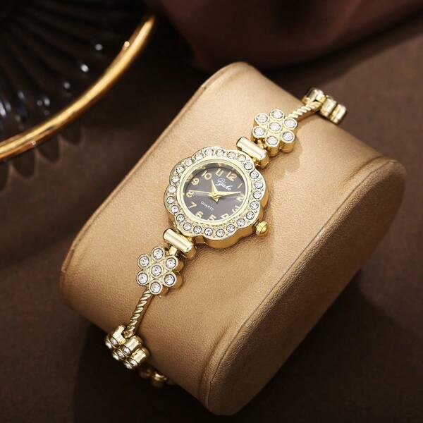 1 pieza Nuevo reloj de pulsera con brazalete de acero inoxidable completamente cubierto de rhinestones y esfera con diseño de girasol, esfera numérica elegante y pequeña, adecuado para usar a diario