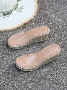 Women's Straw Wedge Rope Open Toe Slippers, Thick Sole Elevated Platform Sandals For Summer Outdoor Wear - Clear - View 8