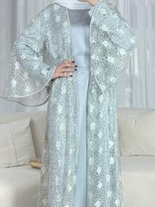 Conjunto de 2 piezas con chaqueta de encaje floral elegante y modesta y vestido de cuello redondo liso, para fiestas de lujo, días festivos y uso en casa