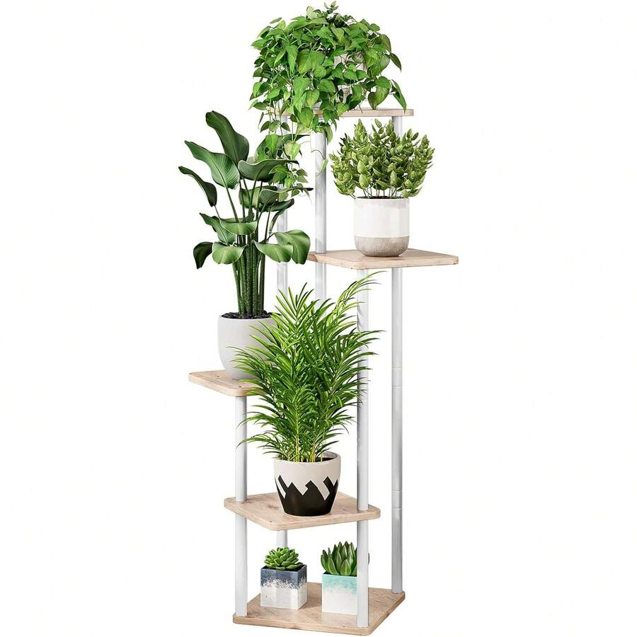 Plant Stand 5 Tier Indoor Metal Flower Shelf For Multiple Plants Corner Tall Flower Holders For Patio Garden Living Room Balcony Bedroom, Black (5 Tier-Black) - 5層-白色+索諾瑪橡木 - 查看 1