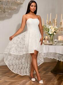 Vestido de novia de encaje blanco con escote de tubo, corte A, espalda descubierta, asimétrico, para fiesta de bodas, ducha nupcial, cita, fiesta, vestido de dama de honor, vestido de graduación, invitado de boda