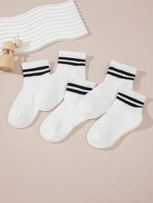 5雙兒童白色雙條紋薄款運動休閒百搭短襪 - 白色 - 查看 2