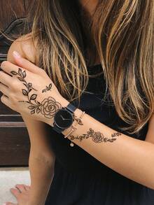 2 件黑色指甲花临时纹身贴纸，莲花和叶子图案，水转印防水临时纹身，适合女士和女孩，用于婚礼、派对和节日 - 黑色 - 查看 3