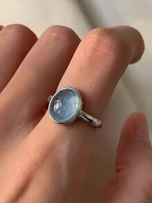 简约几何椭圆形纯银海蓝宝石戒指，适合女士佩戴，设计时尚小众，高端戒指，适合日常佩戴 - 海藍戒指 - 查看 7