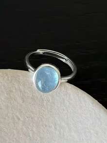 简约几何椭圆形纯银海蓝宝石戒指，适合女士佩戴，设计时尚小众，高端戒指，适合日常佩戴 - 海藍戒指 - 查看 8