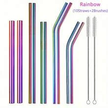12pcs Vibrant Rainbow Stainless Steel Straw Set With Cleaning Brush - Reusable, Easy Clean Metal Straws For 20/30oz Glasses/Smoothies/Bubble Tea/Coffee Shop/Bar/Party, Valentine's Day Gift (Silver/Color),School Supplies
