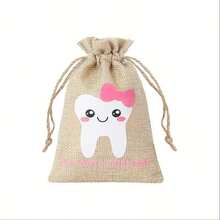6pcs Adorable Linen Tooth Shape Drawstring Storage Pouch, Suitable For Gift Collection, Holidays & Parties - Flax - View 5
