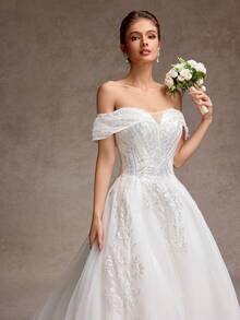 露肩亮片蕾丝薄纱 A 字型婚纱，长款蓬松新娘礼服，适合婚礼、派对、舞会、新娘 - 白色 - 查看 7