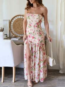Women Y2K Floral Long Tube Dress Strapless Sheer Mesh Slit Dress Off Shoulder Ruffle Flowy Beach Dresses - Pink - View 1