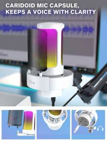 FIFINE Gaming USB PC Computer RGB Microphone For Live Streaming, Meeting, Podcasting, Video, Condenser Mic With Monitoring Headphone Jack, RGB Light Control, Gain Knob, Mute Touch, Pop Filter, Shock Mount For Computer-FIFINE A8 White