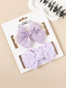 2pcs Set Purple Bow Adorable Baby Headbands, Soft Elastic Nylon Jacquard Heart Pattern Hair Accessories, Newborn Infant Hair Decor, Valentine's Gift (No Paper Card)