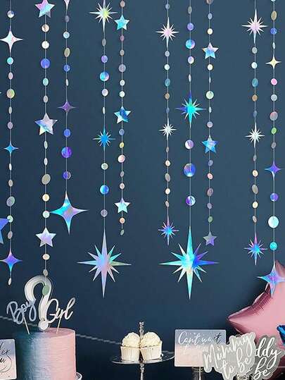 Iridescent Star Moon Circle Dot Garland Party Decoration Kit Hanging Crescent And Twinkle Little Star Streamer Bunting Banner For Birthday Ramadan EID Mubarak Shower Wedding Decor