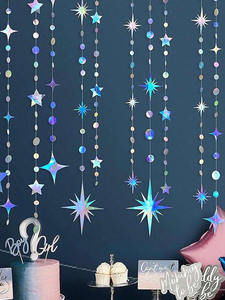 Colorful Star & Moon Polka Dot Wreath Party Decoration Set, Hanging Crescent Moon And Sparkling Star Garland Banner, Suitable For Birthday, Ramadan, Eid, Baby Shower, Wedding Decoration