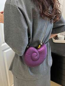 Elegant Seashell Design Women's Party Handbag, Fashionable Shiny Evening Bag With Chain Strap For Shoulder/Crossbody, Earphone, Lipstick And Coin Purse - Purple - View 6