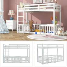 3FT Bunk Bed, Bed With Fences And Door, With Fall Protection And Railings, Solid Wood, White (190x90cm) - White - View 11