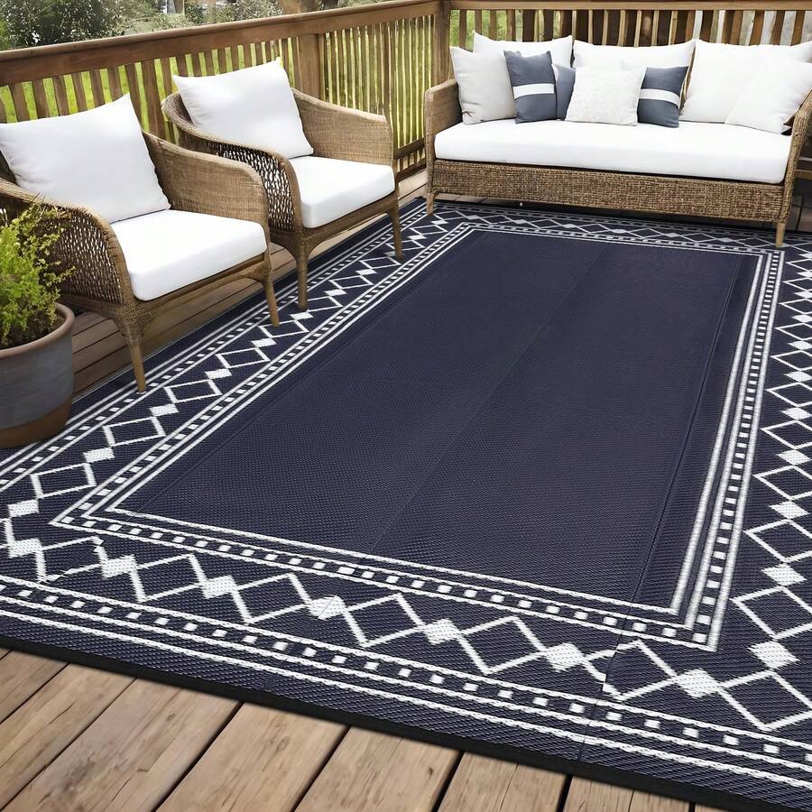 Studyset Outdoor Rug 8x10 Plastic Straw Rug Waterproof Patio Rug,Reversible Rug,Foldable Lightweight Outdoor Carpet With Storage Bag,4 Stakes,Outdoor Mat Reversible Camping Carpet Camping Mat For Deck,Garden - Border-navy/White - View 1