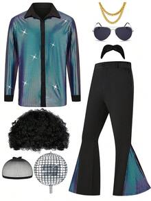 1 Set MEN's Disco Costume Vintage 80s/70s/90s Cosplay New Arrival 1970s Party Stage Performance With Hair,Necklace And Other Accessaries Christmas Party - Màu xanh lam - Xem 1