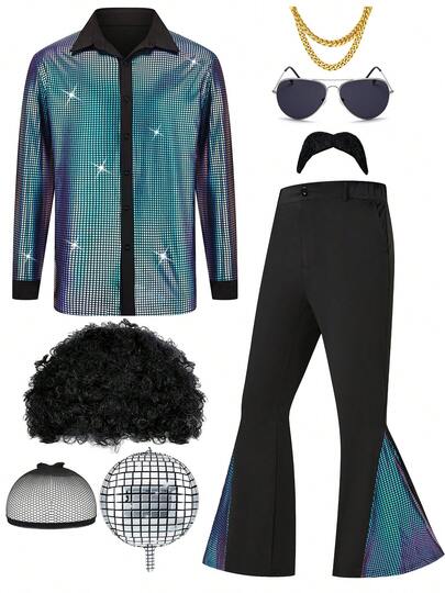 1 Set MEN's Disco Costume Vintage 80s/70s/90s Cosplay New Arrival 1970s Party Stage Performance With Hair,Necklace And Other Accessaries Christmas Party