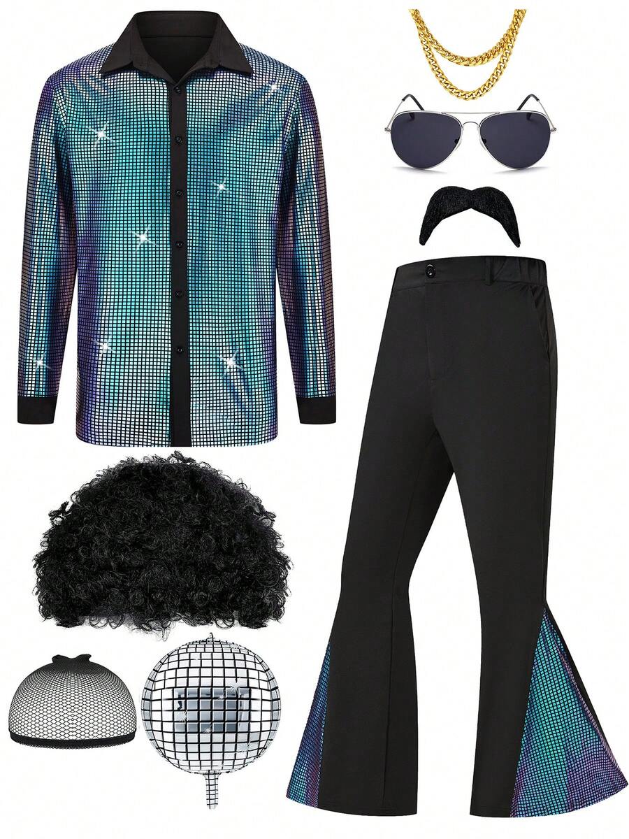 1 Set MEN's Disco Costume Vintage 80s/70s/90s Cosplay New Arrival 1970s Party Stage Performance With Hair,Necklace And Other Accessaries Christmas Party - Màu xanh lam - Xem 1