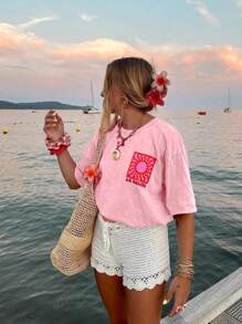 Camiseta de mujer de manga corta y cuello redondo de color liso y estilo minimalista casual, con gráfico de sol para conjuntos de playa y vacaciones de verano