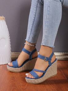 女士天蓝色简约厚底坡跟凉鞋，夏季亚麻编织细带透气凉鞋，沙滩、度假、沙滩高跟鞋、沙滩休闲女凉鞋，时尚法式优雅高跟女凉鞋，韩式踝带性感高跟女凉鞋，派对风格女凉鞋 - 藍色 - 查看 9