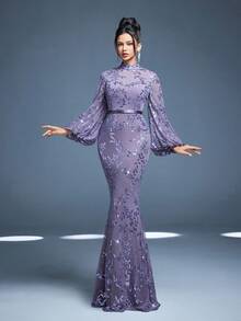 Mgiacy New Arrival High Neck Elegant Evening Gown Dress Sequin Perspective Lantern Sleeve Bodycon Mermaid - 紫色 - 查看 5