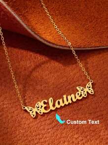 Customized Double Butterfly Name Necklace, Stainless Steel Personalized Name Pendant Necklace Accessory, Birthday Gift For Her