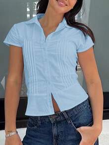 Sunny Girly 秋季女式 Y2K 返校纯色学院风性感风格纽扣设计翻领修身褶皱衬衫上衣