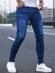 1pc Men Skinny Distressed Denim Jeans, Elastic Breathable Casual Cargo Pants With Pockets, Solid Color Suitable For Urban Walking, Family Outdoor Activities, All Season