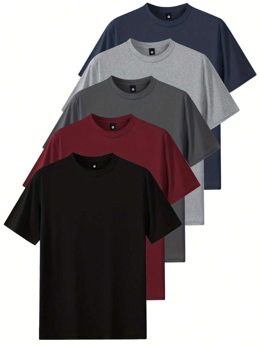 5-Piece Men'S Solid Color T-Shirt - Casual And Comfortable Round Neck Short Sleeved Summer Top, Wholesale Blank T-Shirt - 黑色 - 查看 1
