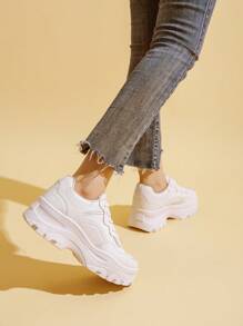 Thick Sole Breathable Casual White Sneakers For Women, Fashionable Versatile Sport Shoes, Platform Lace-Up Leather Flat Shoes, Waterproof, For Big Sizes