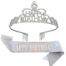 2pcs Birthday Belt And Rhinestone Crown Set, Silver Birthday Belt And Crown, Women's Birthday Decoration Set, Rhinestone Headband Suitable For Women, Sparkling Crystal Hair Accessory Suitable For Birth Parties, Party Supplies - Multicolor - View 7