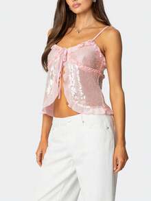 Women Y2k Sequin Cami Top Sparkly Sleeveless Backless Halter Top Summer Going Out Top Glitter Camisole Clubwear - 淺粉色 - 查看 3